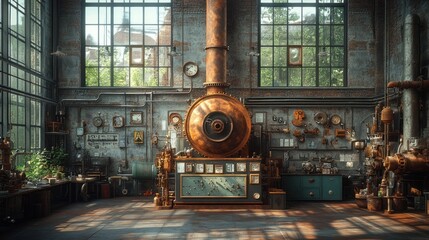 Obraz premium Industrial Workshop with Steam Engine