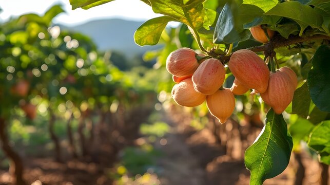 Ripe cashew fruits hanging on lush green tree branches in an idyllic cashew orchard bathed in warm sunlight
