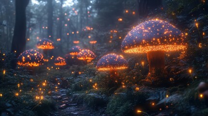 enchanted nocturnal forest bathed in ethereal bioluminescent light mystical creatures peek from behind glowing mushrooms fireflies dance through misty air