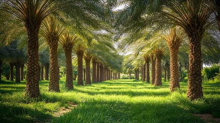 Obraz premium A photograph showcasing the vibrant date palm grove with lush green foliage and ripening dates high up in the trees