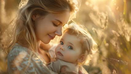 A woman is holding a baby in a field. The scene is peaceful and heartwarming, showing the bond between a mother and her child