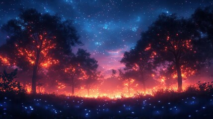 Obraz premium enchanted nocturnal forest scene with bioluminescent flora and ethereal mist towering trees silhouetted against a starry sky magical creatures peek from behind glowing mushrooms