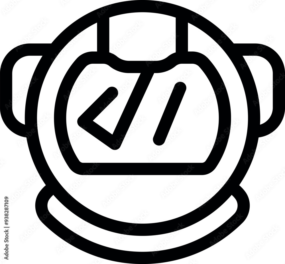 Poster simple line drawing of an astronaut helmet with programming brackets reflecting in the visor
