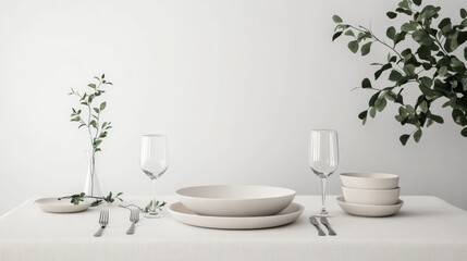 Fototapeta premium Minimalist Table Setting with Greenery.