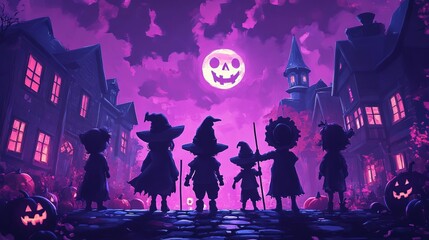 Trickortreating kids, spooky background with text area,