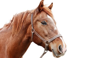 Fototapeta premium A close-up of a brown horse wearing a bridle on its head, suitable for equestrian-themed images or equine-related content