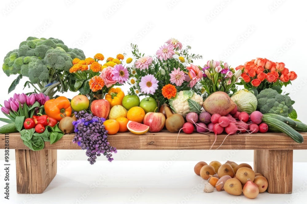 Poster a colorful array of fruits and veggies on a rustic wood surface, perfect for a market stall or food 
