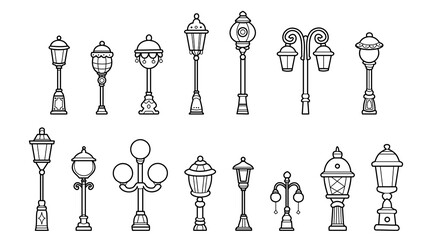 Collection of vintage street lamps in various designs, classic style and shapes, urban architectural elements, vector illustration.