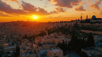 Fototapeta premium A Colorful, sunset sky and an aerial view of the arabic quarter of Jerusalem