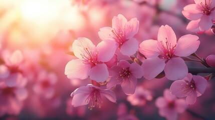 Fototapeta premium enchanting cherry blossom garden delicate pink sakura flowers in full bloom soft sunlight filtering through branches creating dreamy atmosphere