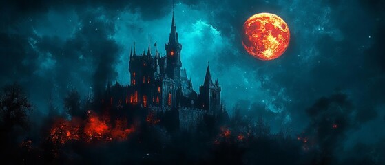 Obraz premium Halloween night, haunted castle with blank text space,