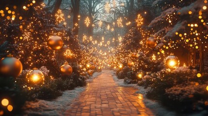Naklejka premium enchanting christmas scene with twinkling fairy lights ornate ornaments and lush greenery create magical holiday atmosphere
