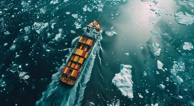 A cargo ship sails through a field of icebergs in a green ocean