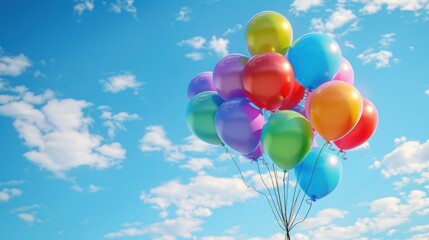 A bunch of colorful balloons floating in a blue sky with clouds.