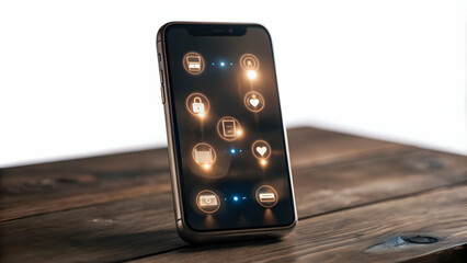 Holographic reminder icons on smartphone screen for productivity in virtual meetings. Minimalist setup on white background.