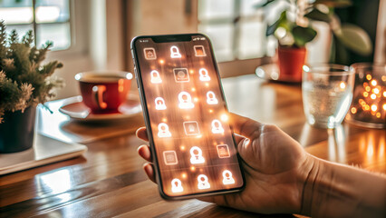 Holographic reminder icons on smartphone screen for virtual meetings on white background.