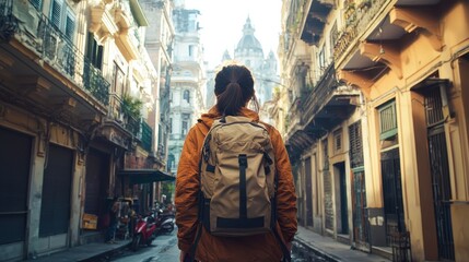Obraz premium A travel scene of a person exploring a new city, walking through streets, visiting landmarks, and taking photos. The setting includes urban architecture, cultural sites