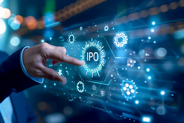 Interactive Touchscreen Tech: Smart Home, Cybersecurity, and Digital Interfaces in Modern Business. Person Pushing 'IPO' on a Touchscreen Interface. HD Landscape Wallpaper for Desktop PC