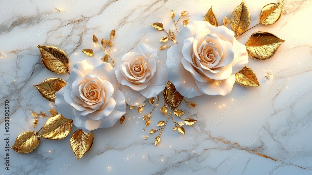 Wall mural this elegant and refined white and gold rose stucco relief features delicate petals and leaves.