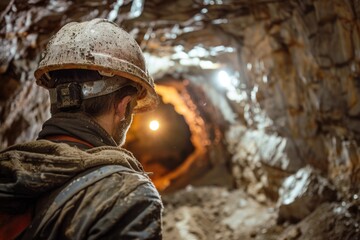 A person wearing a hard hat and other safety gear is seen walking in a tunnel