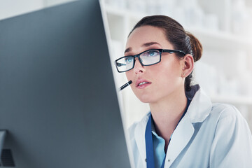 Thinking, woman or computer in laboratory for solution, medical or experiment information with...