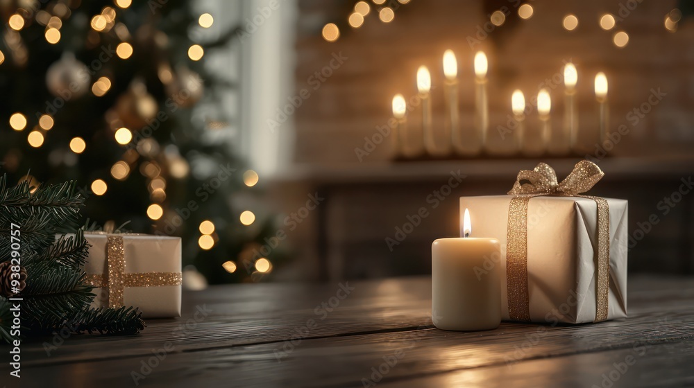 Aufkleber a christmas tree with a box of presents and a candle on a table. scene is warm and festive