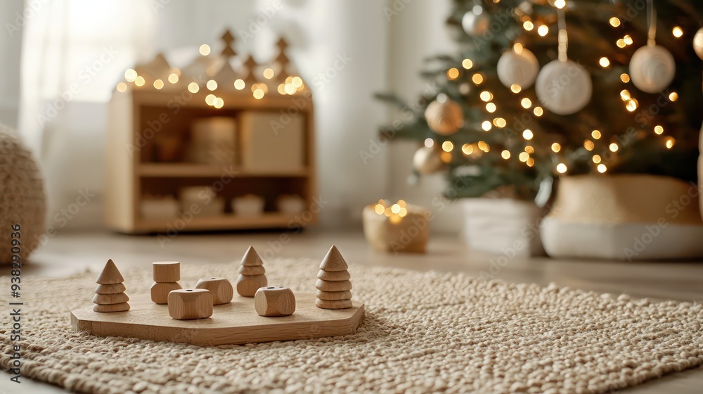 Aufkleber A wooden toy set is on a rug in front of a Christmas tree. The scene is cozy and festive, with the toy set and tree creating a warm and inviting atmosphere