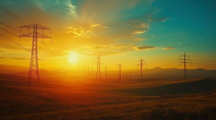 Silhouetted power lines stand tall against a vibrant sunset, casting long shadows across the rolling hills and golden grass.