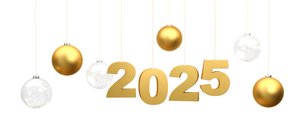 Happy New Year 2025 - the golden numbers 2025 hanging on strings surrounded by golden and...