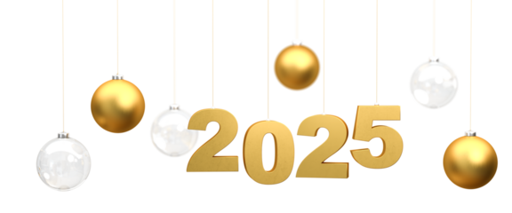 Happy New Year 2025 - the golden numbers 2025 hanging on strings surrounded by golden and transparent glass christmas baubles hanging on strings. Includes semitransparency in the png