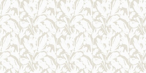 Seamless french gender neutral floral linen printed fabric border background. Light mottled white on grey cottage core block print pattern. Shabby chic woven duotone cloth effect. 