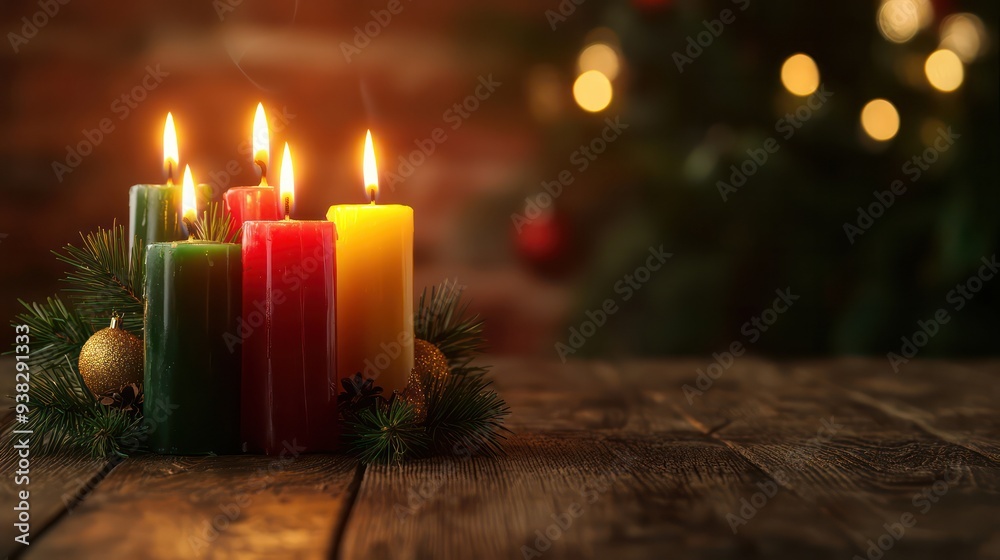 Poster A table with a bunch of candles on it. The candles are lit and are of different colors