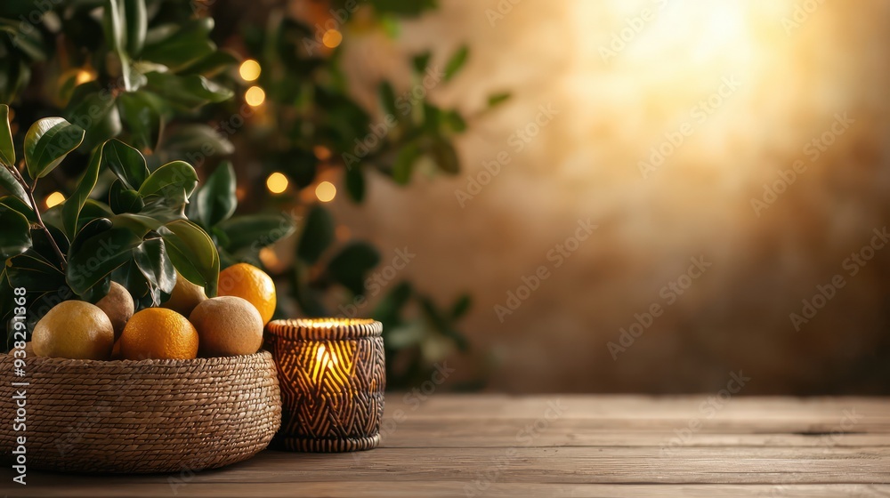 Aufkleber a basket of oranges and a candle are on a wooden table. the scene has a warm and cozy atmosphere, wi