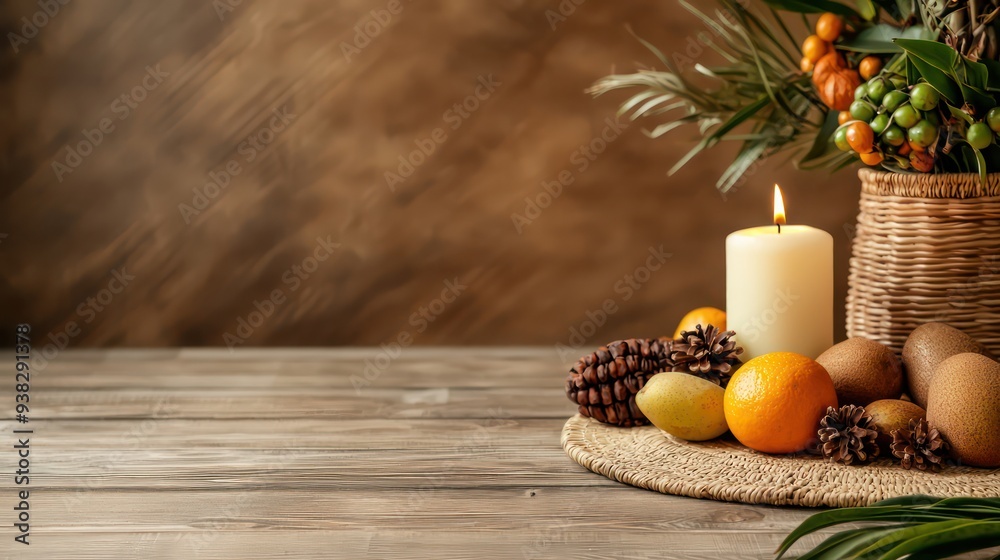 Poster a table with a candle and fruit on it. the candle is lit and the fruit includes oranges and apples. 