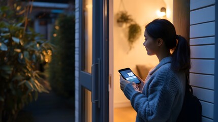 A woman using a smartphone while leaning against the door of her home in the evening glow. 