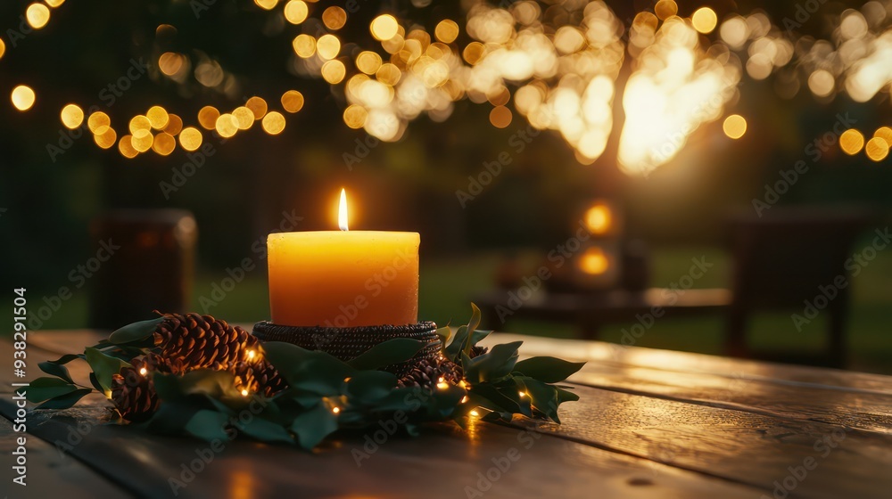 Poster a candle is lit on a table with a wreath of pine cones. the candle is surrounded by the pine cones, 