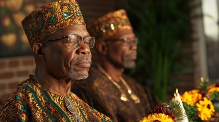 Fototapeta premium Two men wearing traditional African clothing are sitting in front of a table with flowers. One of the men is wearing a hat and glasses