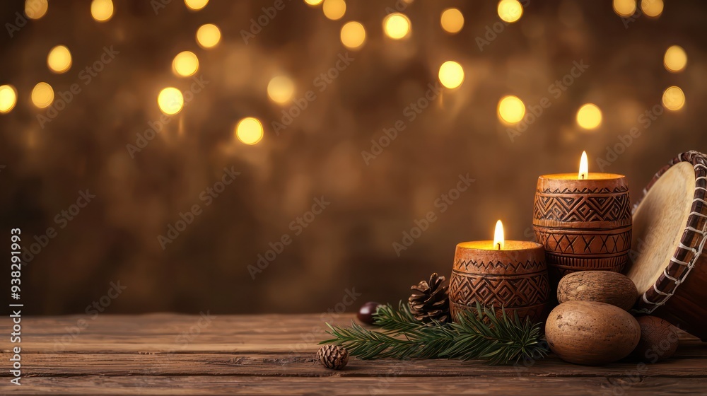 Poster A wooden table with two candles and some nuts on it. The candles are lit and the nuts are scattered around them. The scene has a warm and cozy atmosphere, perfect for a relaxing evening at home