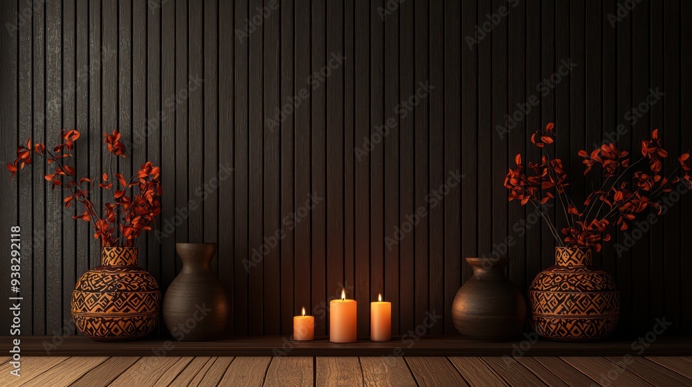Poster a black wall with two vases on a shelf and candles in them. the candles are lit and the vases are fi
