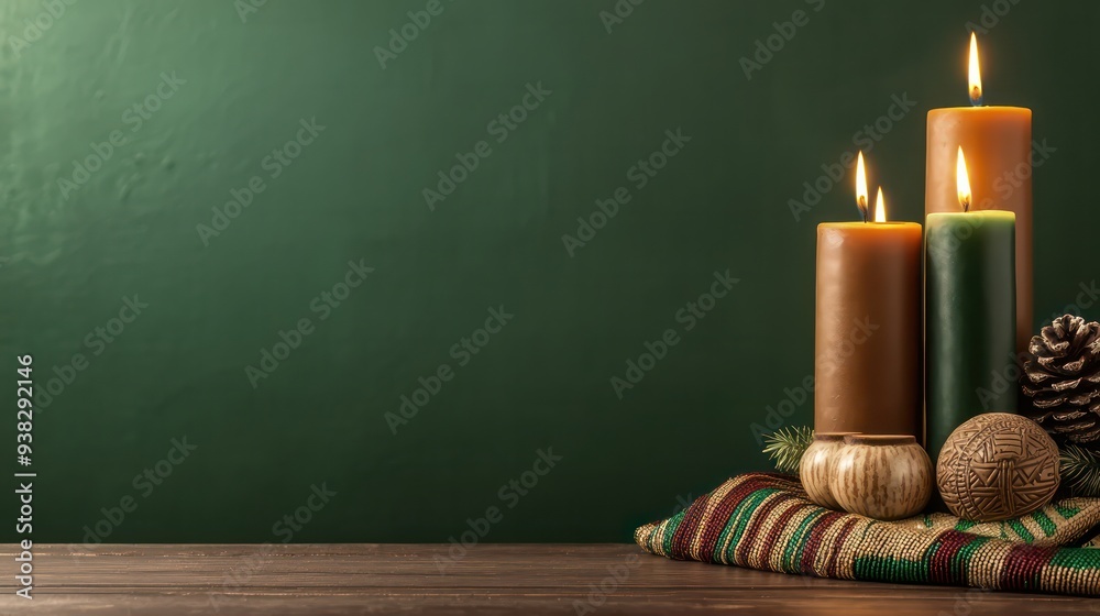Aufkleber a green wall with three candles on it. the candles are lit and are on a table. the candles are of di