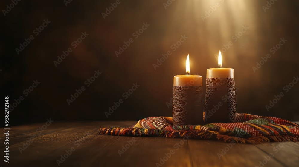Poster Two candles are lit on a table with a colorful blanket underneath. The candles are placed close to each other, creating a warm and cozy atmosphere. Concept of relaxation and comfort