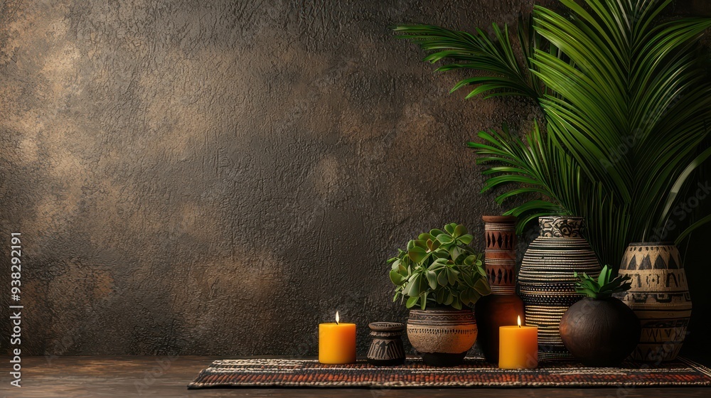 Poster a wall with a brown background and a bunch of vases and candles on a rug. the vases are of different