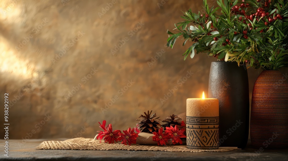 Leinwandbilder a candle is lit on a table next to a vase of red flowers and pine cones. the scene is warm and invit