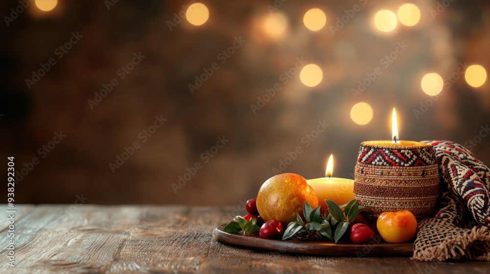 Poster a table with a wooden surface and a bowl of fruit and candles. scene is warm and inviting, with the 