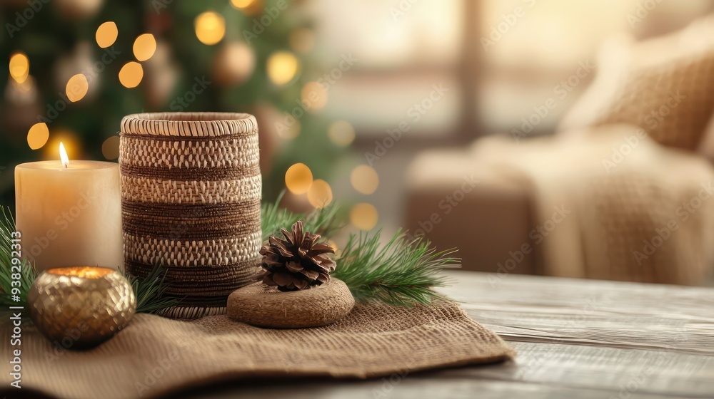 Poster A candle and pine cone are on a table in front of a Christmas tree. The candle is lit and the pine cone is placed on top of a rock. The scene is cozy and warm, with the candle providing a soft glow