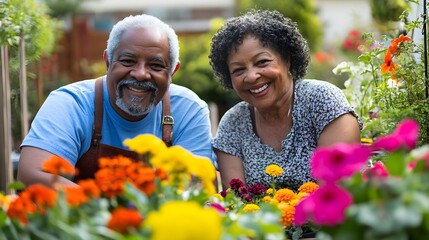 A joyful elderly couple smiles together while gardening amidst vibrant flowers, showcasing their love for nature and companionship. 
