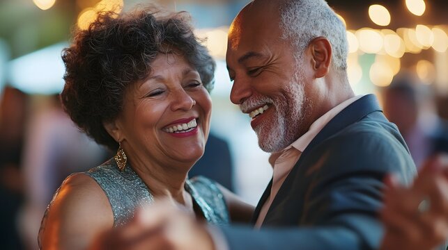 A cheerful elderly couple dances together in a warmly lit setting, showcasing joy and connection. 