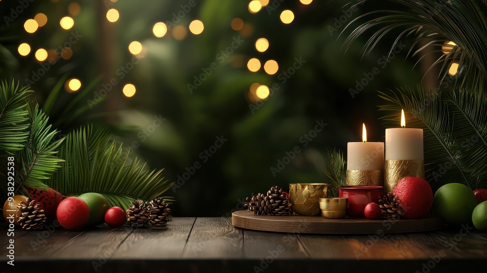 Poster a table with candles and fruit on it. the candles are lit and the fruit is green and red. scene is f