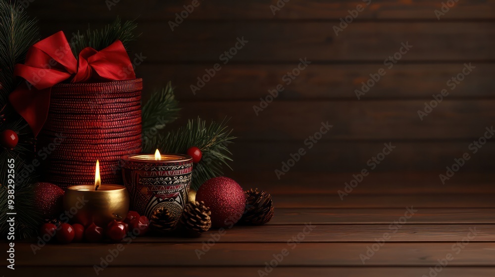 Poster a red basket with a red bow on top of it is filled with candles and pine cones. the scene is festive