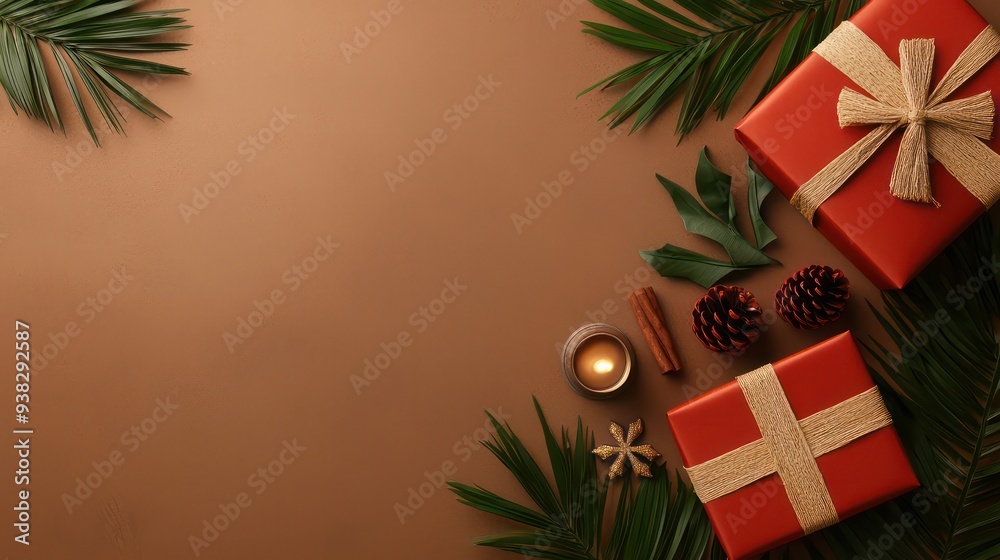 Aufkleber A red box with a gold ribbon sits on a table next to a candle and pine cones. The scene is set in a warm, cozy atmosphere, perfect for the holiday season